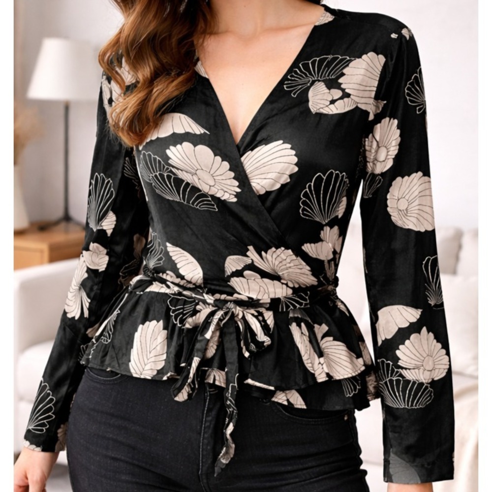 Scotch & Soda Couture Floral Shell Wrap Blouse Tie Waist Silky Chic SZ Small